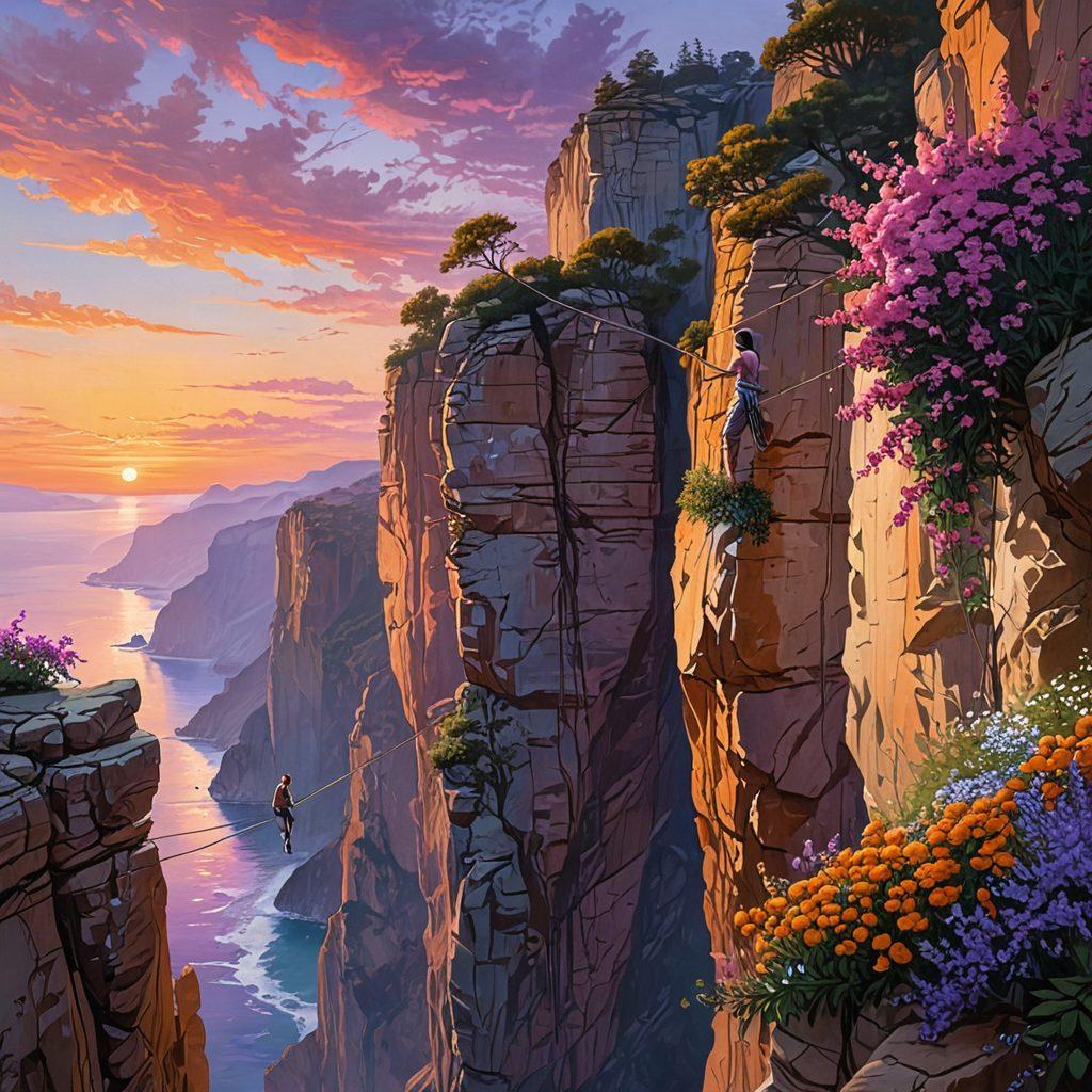 A serene landscape depicting a person peacefully balancing on a tightrope stretched between two cliffs, symbolizing the balance between aesthetics and assurance. Surrounding them are vibrant elements like blooming flowers representing aesthetics, and sturdy safety nets below symbolizing emotional security. The sky is a blend of calming colors at sunset, reflecting tranquility and hope. super-realistic. vibrant colors. painting.