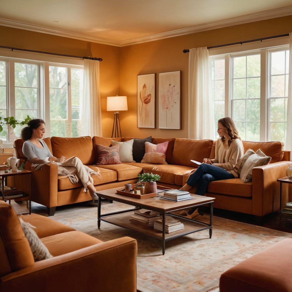 A cozy living room scene showcasing a heartwarming family gathering around beautifully arranged furniture, with subtle details highlighting furniture insurance documents in the background. The ambiance is warm, inviting, and harmonious, emphasizing connections and comfort. Soft lighting enhances the relaxed atmosphere, with a stylish modern aesthetic in furniture design. super-realistic. warm colors. cozy ambiance.